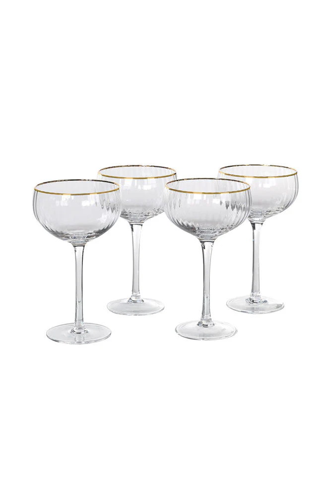 Set Of 4 Ribbed Champagne Coupe Glasses With Gold Rim - Image 8