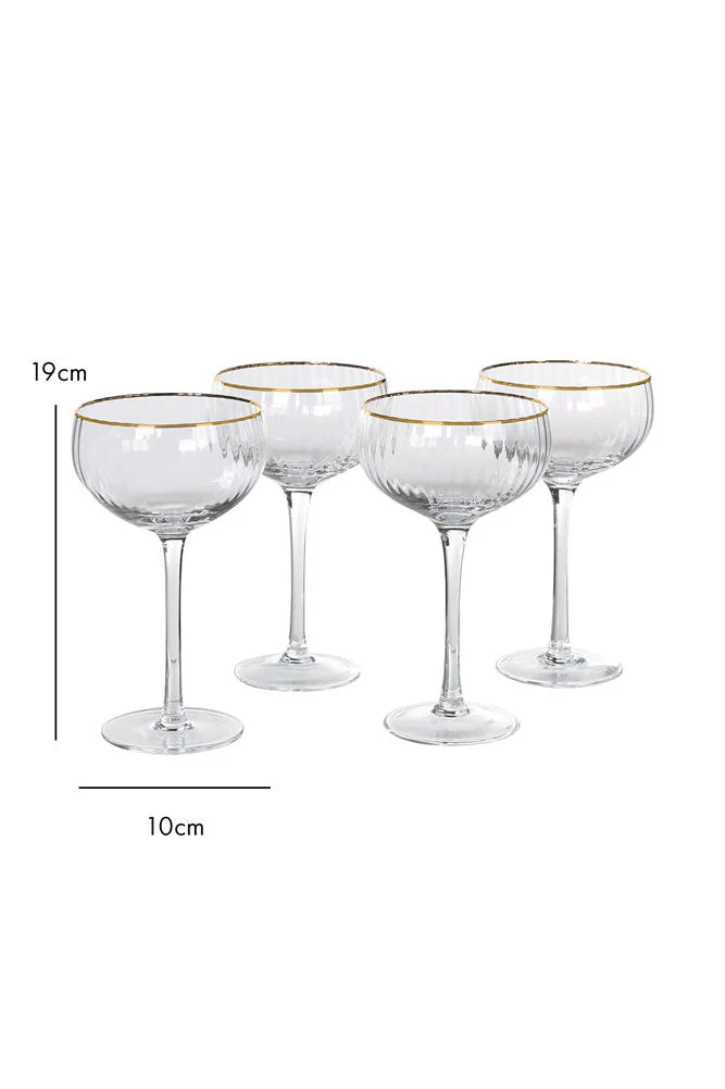 Set Of 4 Ribbed Champagne Coupe Glasses With Gold Rim - Image 9