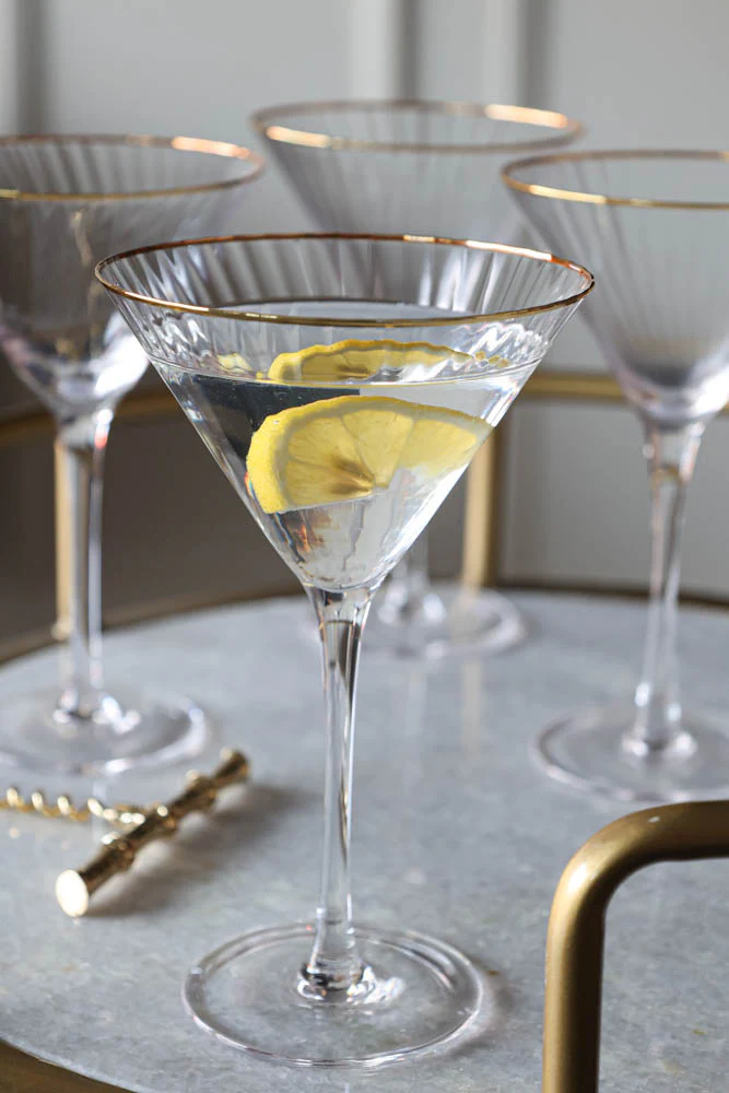 Set Of 4 Ribbed Martini Glasses With Gold Rim - Image 4