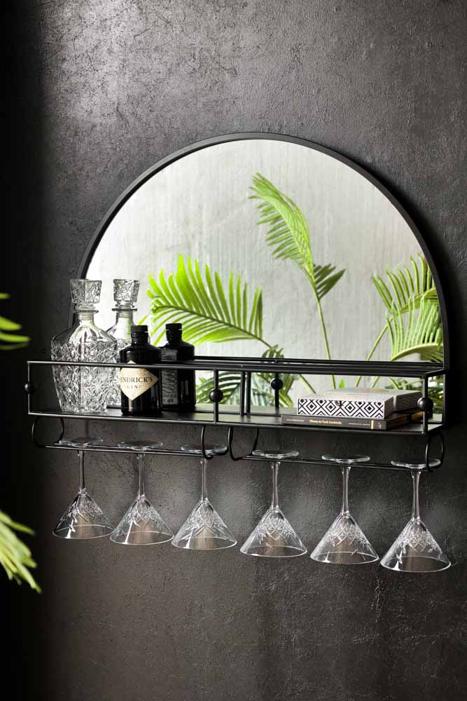 Wall-Mounted Black Metal Bar Shelf With Mirror - Image 3